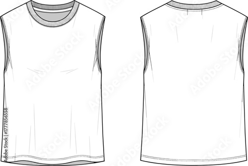 Sleeveless shirt fashion sketch, technical flat drawing, front and back view, apparel design template, vector illustration, garment construction layout