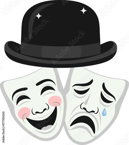 A black bowler hat and two theatrical masks, symbolizing comedy and tragedy. The concept of theater, drama, emotions, and classical style.