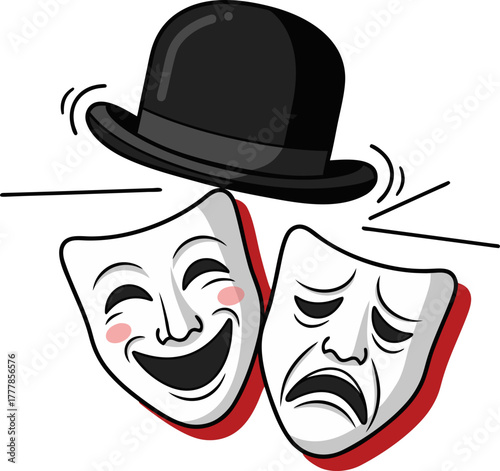 A black bowler hat and two theatrical masks, symbolizing comedy and tragedy. The concept of theater, drama, emotions, and classical style.
