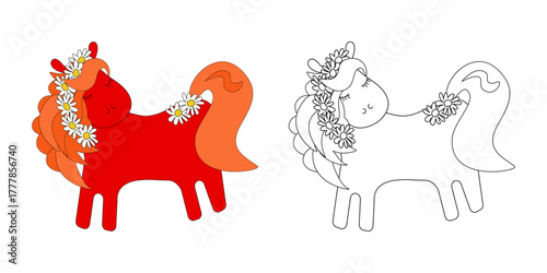 A coloring page a cute cartoon red horse with a garland of daisies. Outline and color example – vector illustration for children's books.