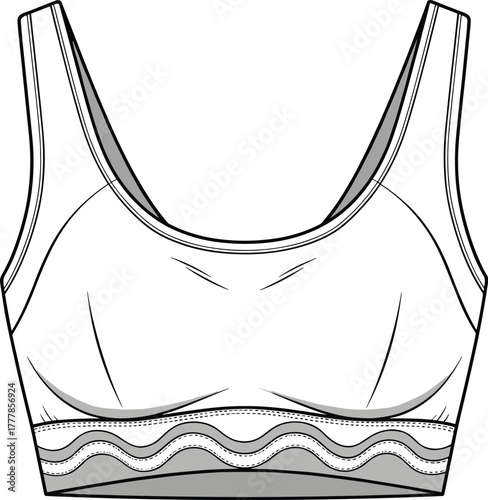 Sports bra illustration, activewear design, contour support, scoop neckline, wide straps, fitness fashion, black and white sketch, apparel concept