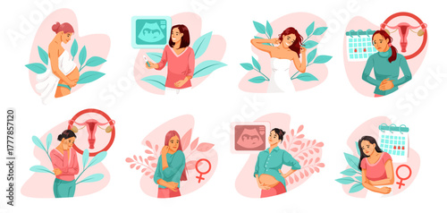 Set showing different stages of pregnancy, ovulation, and menstruation in women, flat style on abstract background. Concept of female health. Vector illustration