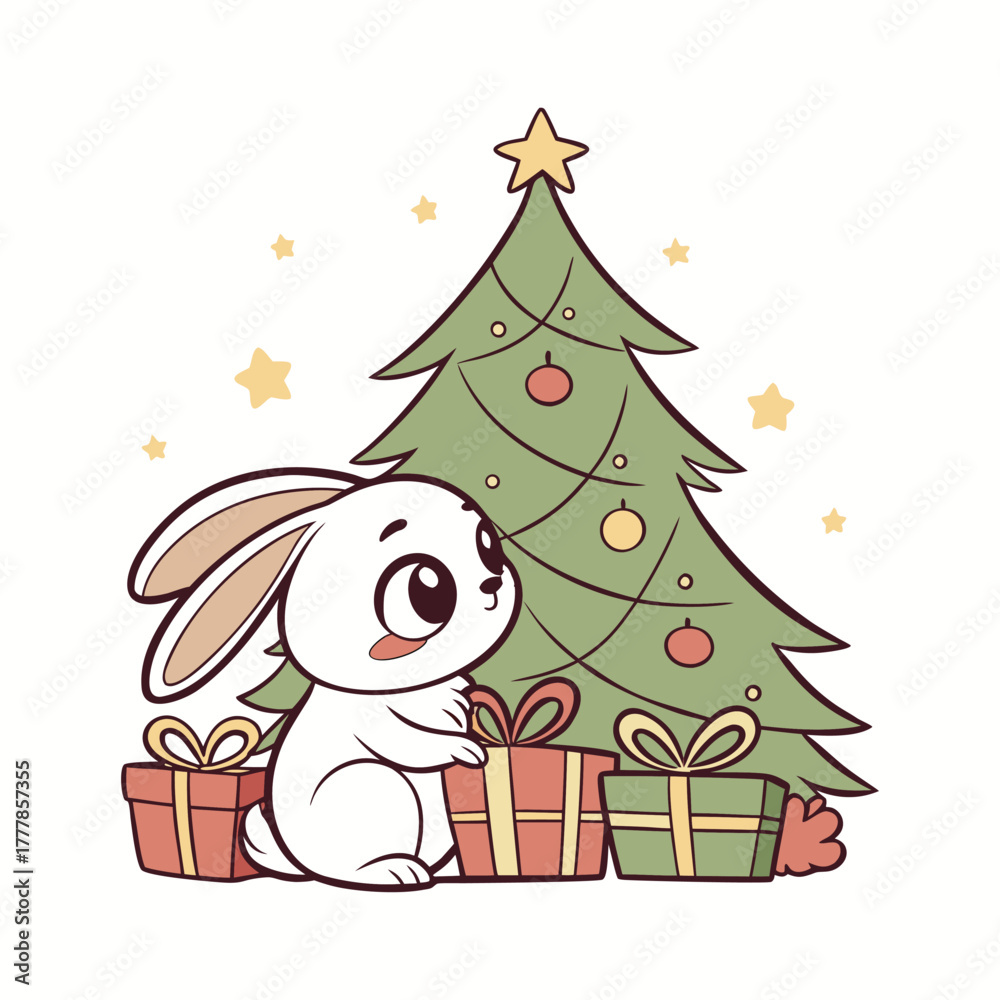 Naklejka premium Cute cartoon bunny with christmas tree and presents