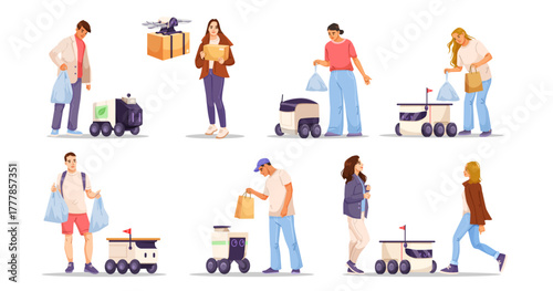 People receiving or loading packages with autonomous delivery robots and drones, in flat cartoon style, on white background. Concept of smart logistics. Vector illustration