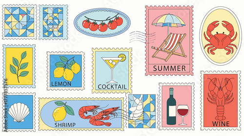 A vibrant collection of summerthemed stamps featuring cocktails, lemons, a crab, lobster, wine, and a beach chair isolated on white background