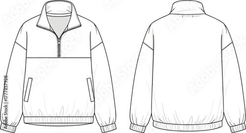 Half zip pullover jacket, windbreaker design, fashion flat sketch, technical drawing, unisex outerwear template, front and back view, apparel illustration