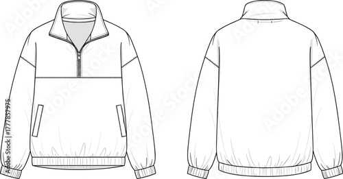 Pullover jacket technical sketch, front and back view, half zip, high collar, ribbed cuffs, fashion template, garment design illustration