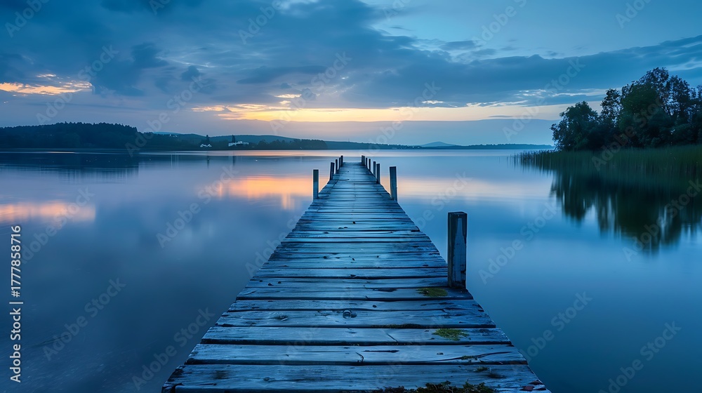 Fototapeta premium Mystical Lake Pier at Twilight: Ethereal Landscape with Clouds Reflecting on Still Water
