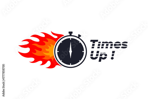 Times up vector illustration with fiery stopwatch logo, flat time icon
