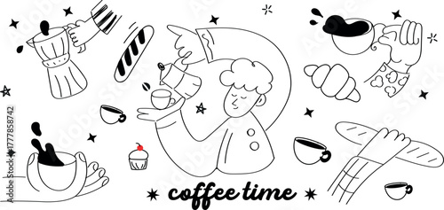 Hand-drawn coffee doodle elements featuring barista tools, pastries, and minimal cafe charm. Ideal for branding and backgrounds.