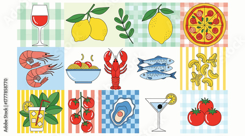 Collage of italian food illustrations isolated on white background a diverse selection of pizza, seafood, pasta, and drinks, showcasing the richness of italian culinary art
