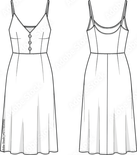 Sleeveless dress fashion sketch, technical garment illustration, front and back view, V-neck, pleated skirt, scoop back, buttons, straps