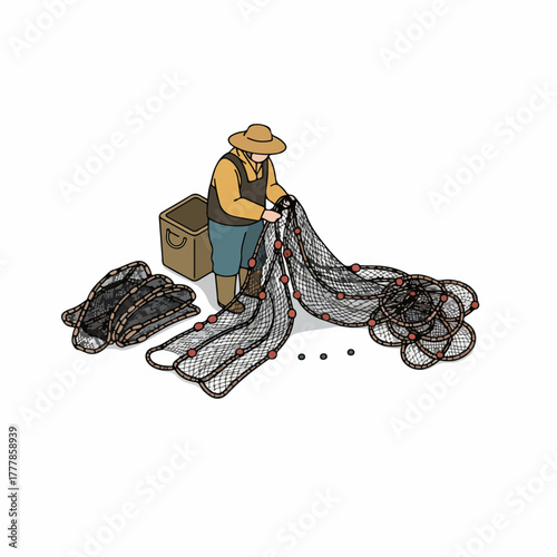 Isometric Detailed Fisherman Untangling Fishnet Illustration in a Outdoor Scene