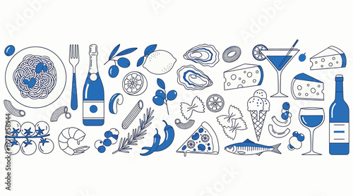 A delightful array of italian culinary delights, isolated on white background, featuring pasta, wine, cheese, seafood, and more, all rendered in a charming handdrawn style illustration