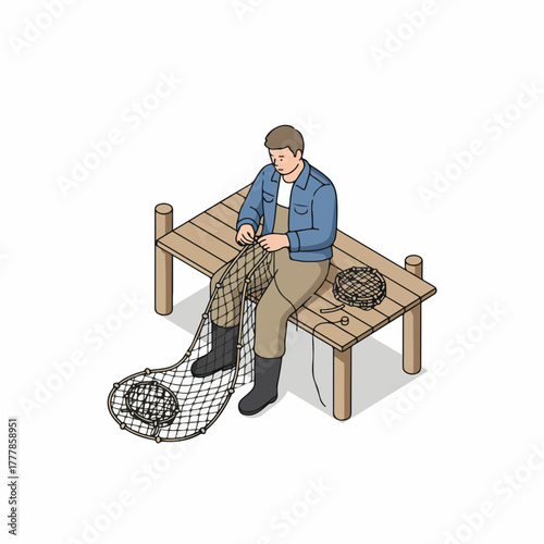 Isometric Detailed Fisherman Mending Net on Wooden Pier Illustration