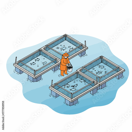 Isometric Person Feeding Fish Pond Farming Aquaculture Illustration Design