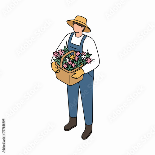 Isometric Gardener With Basket Of Flowers Person Agricultural Occupation Character