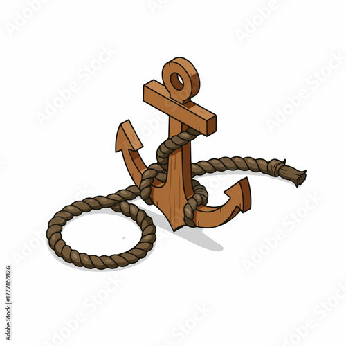 Detailed Cartoon Wooden Anchor With Rope Illustration Isolated on White Background