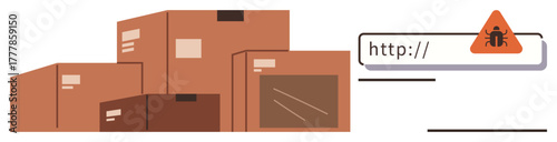 Cardboard boxes packed for shipping alongside a malware alert over a URL bar highlight online security risks. Ideal for logistics, e-commerce, cybersecurity, online scams, digital safety, malware