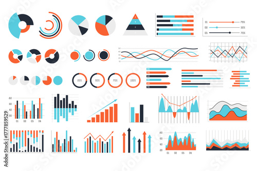 Various colorful infographic elements including pie charts, bar graphs, and line charts in flat style on white background. Concept of data visualization. Vector illustration