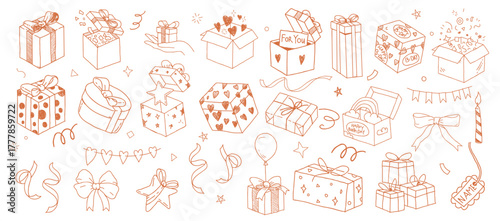 Whimsical gift boxes, bags with ribbons, bows, wrapping paper. Cute festive presents for celebration, holiday, special occasion. Modern cartoon illustration, stickers, doodles.