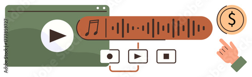 Audio waveform inside a multimedia player, playback controls, hand pointing to a coin. Ideal for music, streaming, technology, media, finance online business innovation visual. Simple flat metaphor