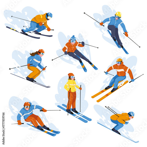 Set of skiers in colorful winter outfits skiing downhill and standing, cartoon graphic style, on white background. Concept of winter sport. Vector illustration