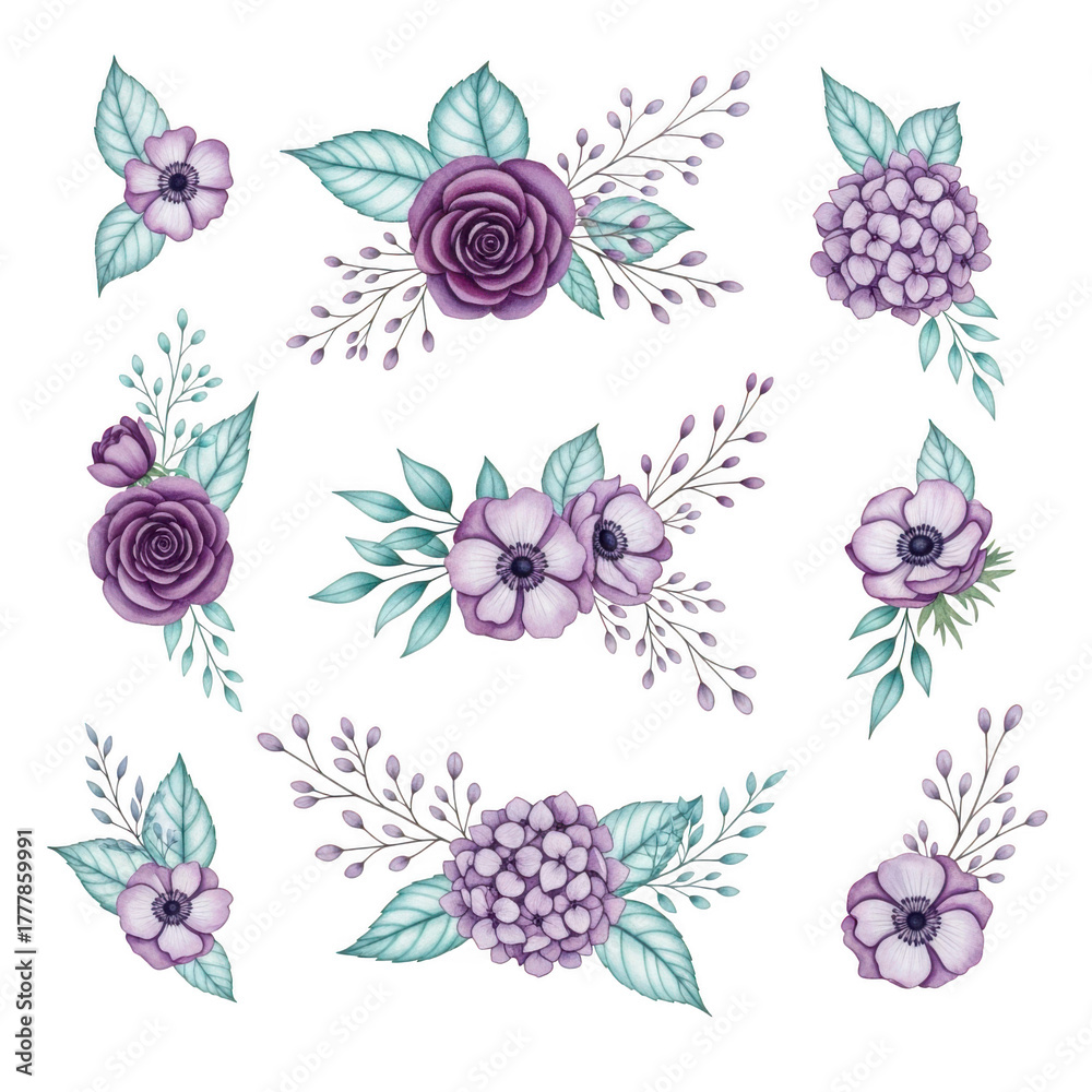 Fototapeta premium Beautiful purple and teal floral arrangements for elegant design projects isolated on transparent background
