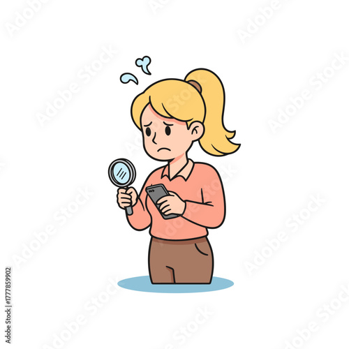 A woman with magnifying glass looking for something icon logo flat vector design