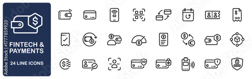 Fintech & Payments Line Icon Set with Editable Stroke. Collection of banking, wallet, payment, QR code, KYC, crypto, BNPL, NFC, scan, invoice, transfer, tap-to-pay, chargeback, and security symbols.