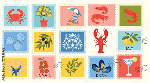 Vibrant seafood and citrus collage a taste of italy in postage stamps, featuring crab, shrimp, lobster, lemon, olive, and cocktail, evoking the essence of coastal delights