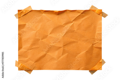 Orange crumpled paper sheet taped at corners creating wrinkled texture and shadows, isolated on a transparent background