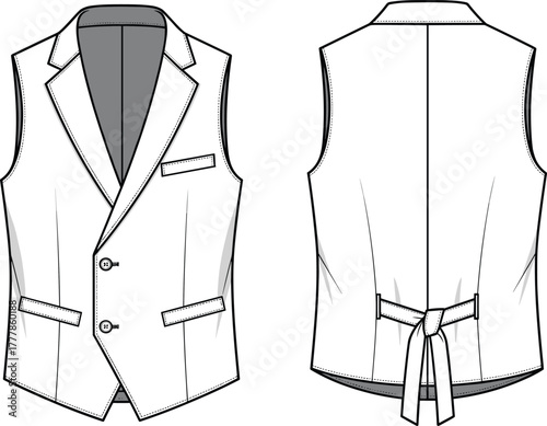 Men's tailored vest, front and back view, formal wear, technical fashion sketch, notched lapel, adjustable belt, garment design, illustration