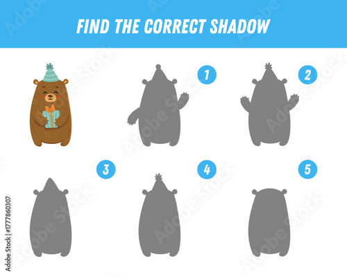Find correct shadow of cute brown bear. Educational logical game for kids. Cartoon teddy bear with gift. Vector illustration
