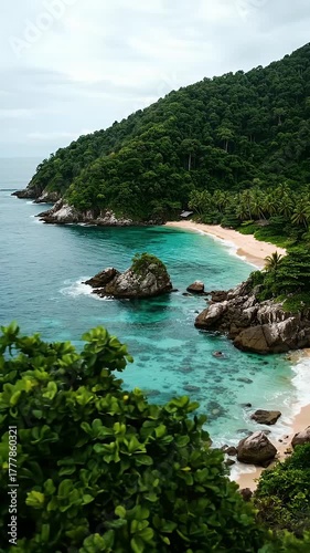 Tropical Beach Cove with Turquoise Water and Lush Green Hillside