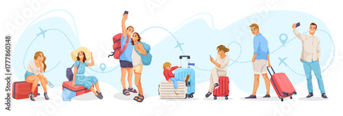 People at airport with luggage using phones and waiting, cartoon style, on white background. Concept of modern travel and vacation. Vector illustration