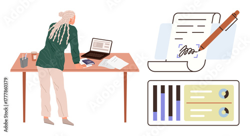 Person leaning on desk with laptop, papers, signing document, and report with charts. Ideal for business, contracts, office work, data analysis planning decision-making productivity. Simple flat