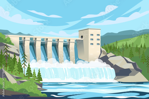 Water flowing through a hydroelectric dam in a forested mountain area under a clear blue sky, eco energy concept. Vector illustration