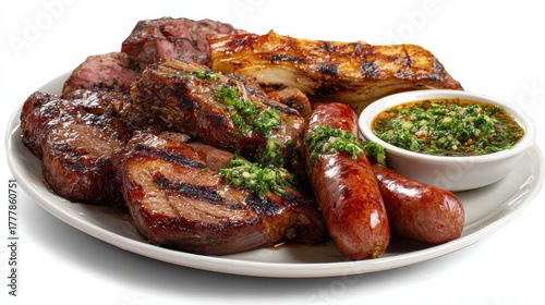 Argentinian asado isolated on white background, grilled beef ribs, chorizo sausages, chimichurri sauce, wood-fire marks, traditional parrilla barbecue, menu commercial use