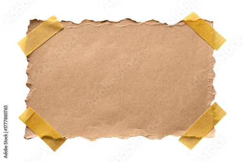 Brown kraft paper with rough torn edges attached by yellow tape pieces at corners, isolated on a transparent background