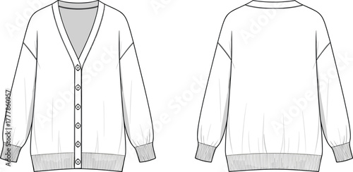 Cardigan sweater flat sketch, fashion design template, technical garment illustration, front and back view, ribbed cuffs, V-neck, button closure