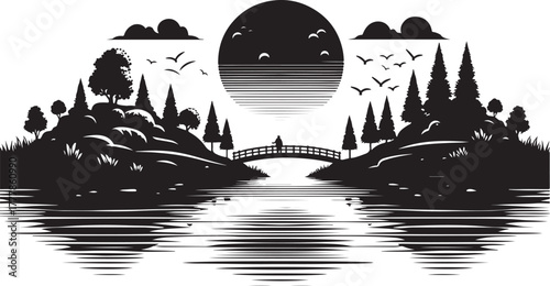 Minimalist Mountain River Landscape Silhouette at Night