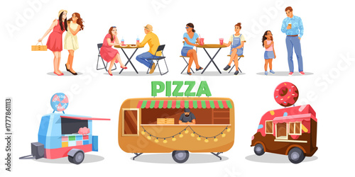 People with kids eating and talking near colorful street food trucks on white background. Concept of casual outdoor snacking. Vector illustration