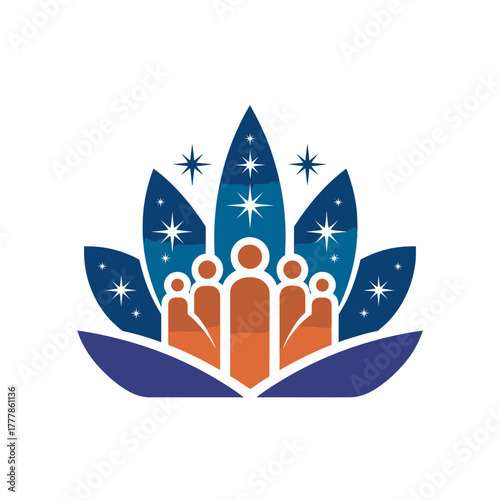 Diverse community people inside a blooming lotus flower, representing spiritual wellness, collective growth, unity, and harmony concept.