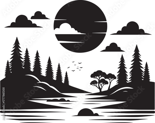 Minimalist Mountain River Landscape Silhouette at Night