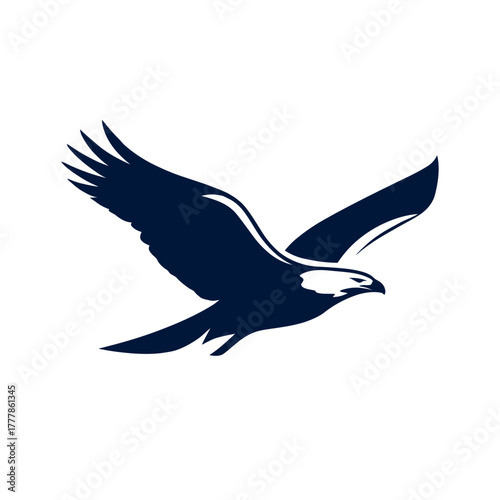 Powerful flying eagle silhouette vector illustration. Majestic bird of prey soaring with spread wings, symbol of freedom.