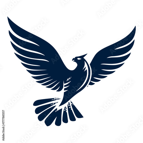 Majestic stylized dark blue bird of prey in flight, wings spread wide. Powerful raptor emblem for success and freedom.