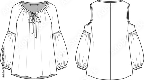 Women's blouse fashion sketch, technical garment illustration, puff sleeve top, front and back view, flowy fit, drawstring neckline, apparel design