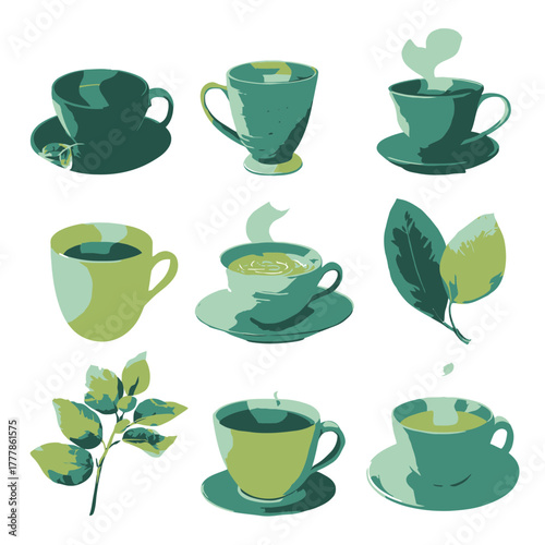 Green tea cup and leaf vector illustration set. Collection of stylized hot beverage mugs, plant branches, and steaming drinks.