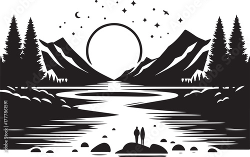 Minimalist Mountain River Landscape Silhouette at Night